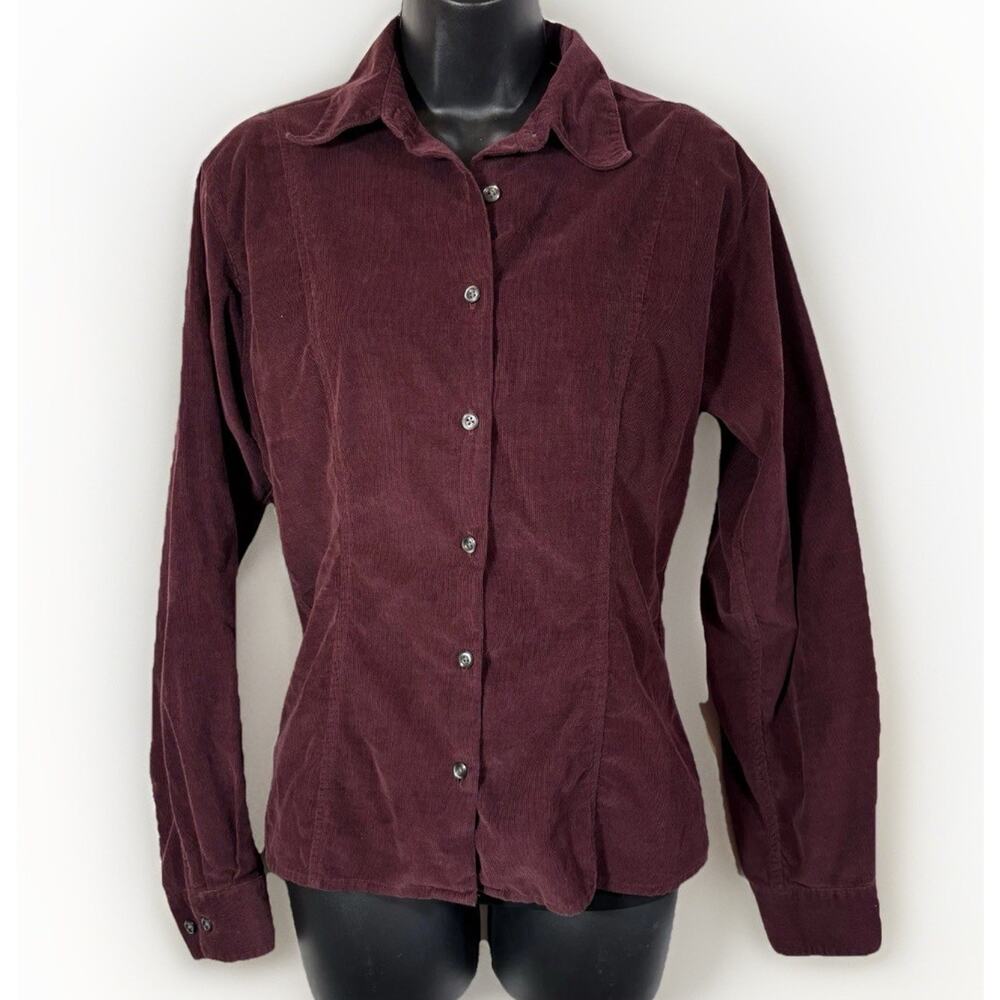 Eddie Bauer Corduroy Shirt Red Purple Fine Wale Button Down Small Western Cotton
